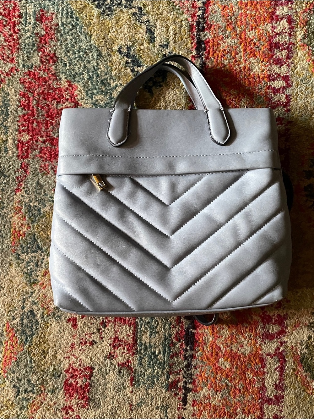 Quilted Chevron Top-Handle Backpack Tote in Light Gray